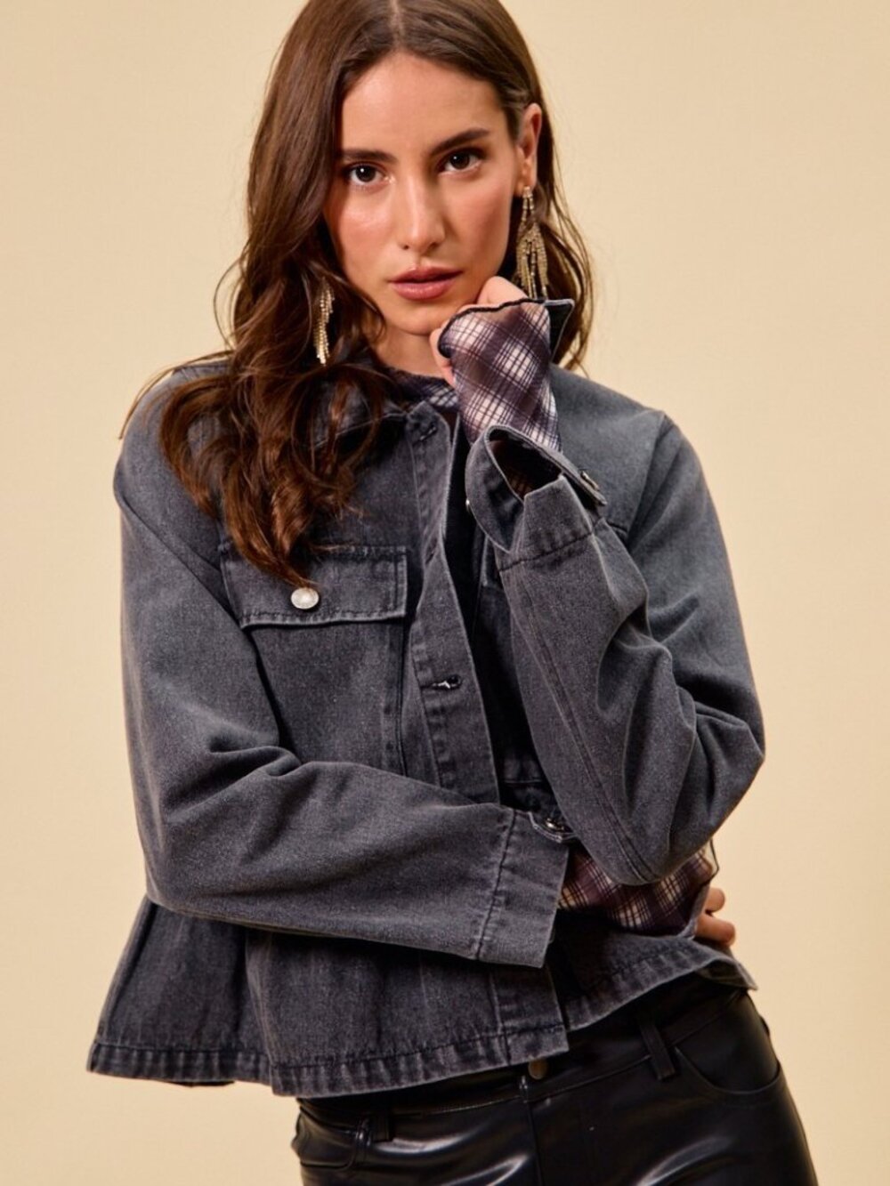 Denim Peplum Hem Front Button Jacket With Pockets - Picture 2 of 7